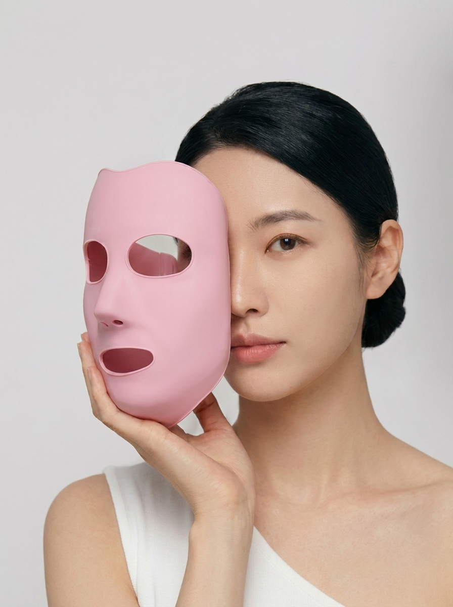着用イメージ:フェイスマスクを装着した女性の正面写真(顔全体を覆うマスク)